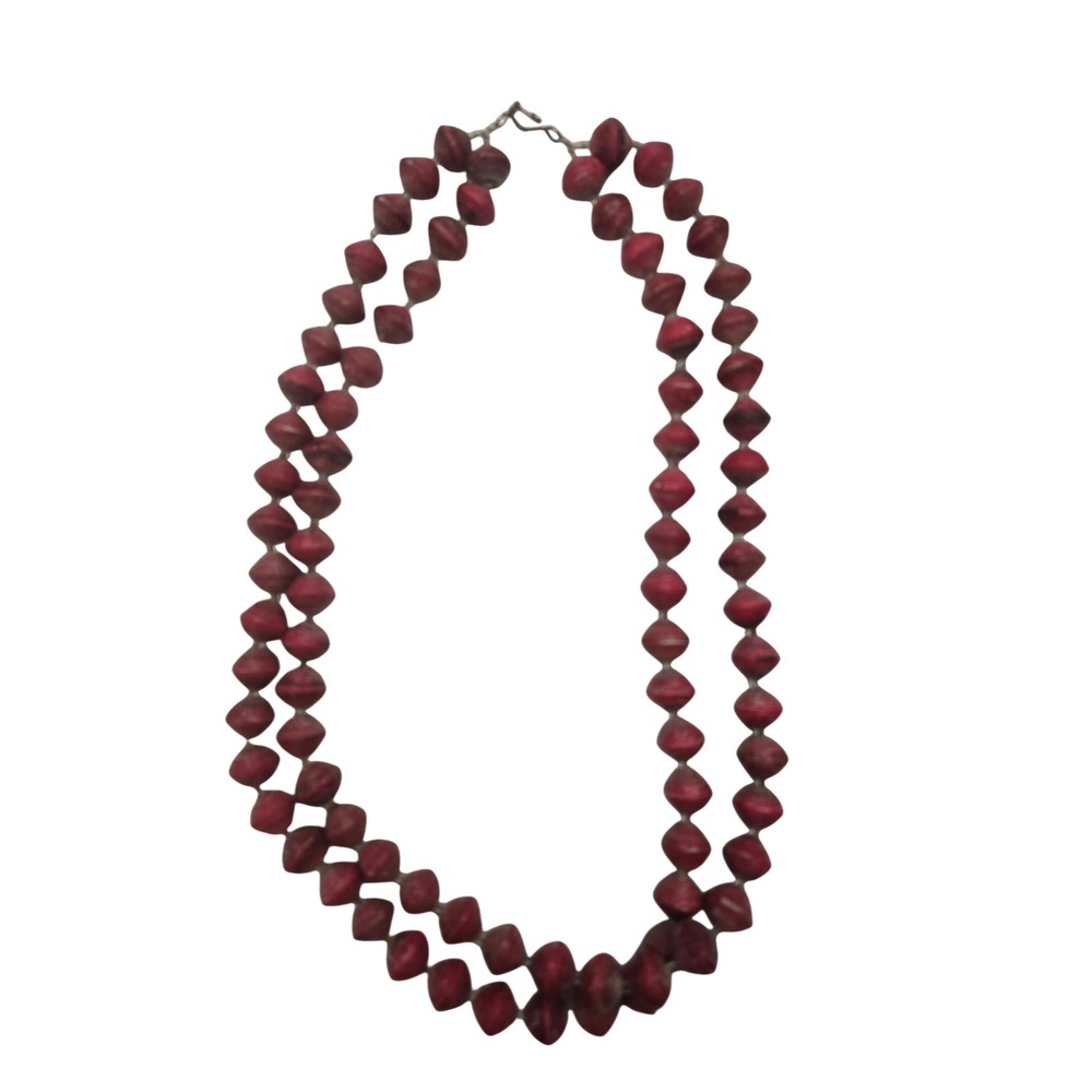 Red Paper Bead Double Strand Necklace Boho Handmade Artisan Eco Friendly Jewelry